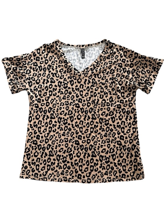 Tops - Leopard Print V-Neck Pocket Tee - Beige/Black with Stretch Size XL